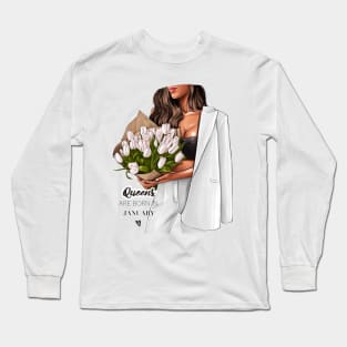 Queens Are Born In January White Outfit White Tulips Long Sleeve T-Shirt